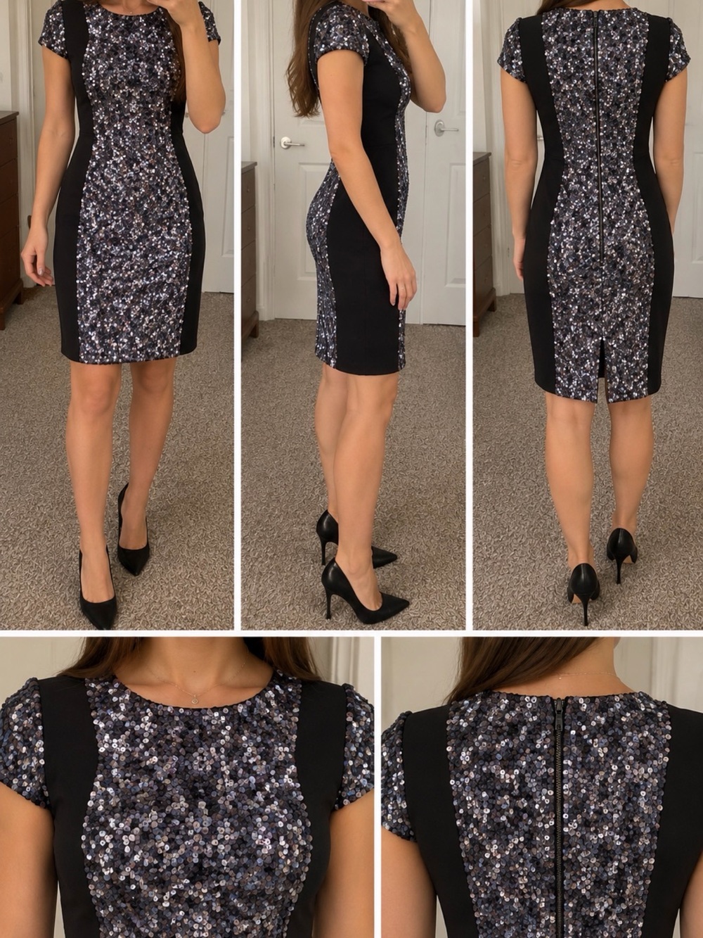 French Connection Black Sequin-Panel Midi Dress